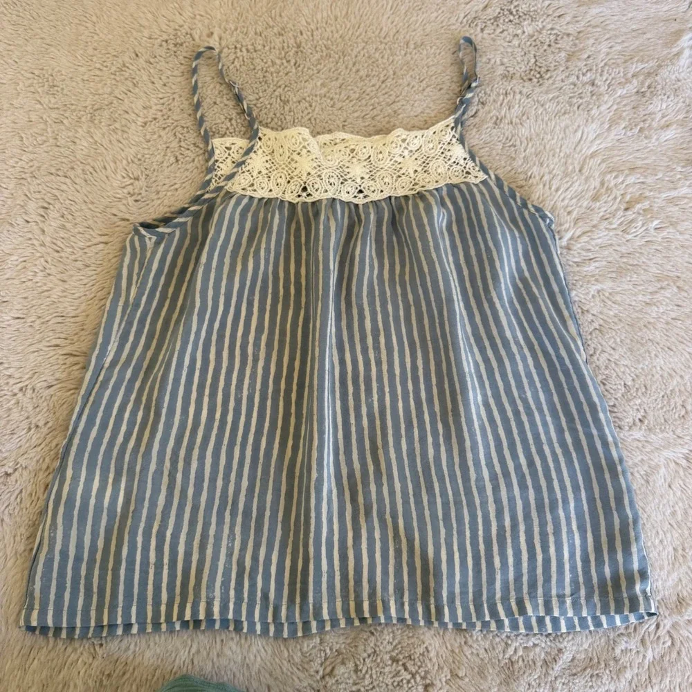 Lucky Brand Silk Camisole Top Blue‎ White Stripe Crochet Lace Coastal Babydoll